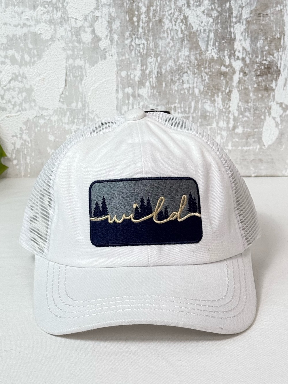 C.C White Wild Embroidered Criss Cross Ponytail Trucker Hat NWT